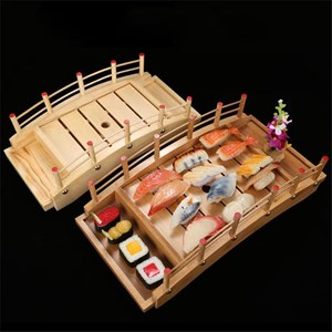 Picture of BOLLAER Arch Bridge Sushi Boat, Sushi Tray Sushi Bridge Arched Bottom Sushi Sashimi Container Wooden Arched Bridge Sushi Plate Serving Boat Plate for Restaurant or Home