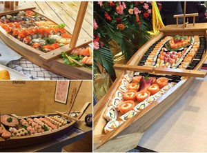 图片 BIPEGE Wooden Sushi Boat(壽司船) Serving Tray, 24 Inch Sushi Plate for Restaurant or Home, Large Size Sushi Tray Serving Boat Plate for Restaurantware (61cm/24inch)