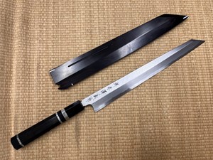 图片 赤澤 青一鋼 本霞 劍型柳刃 田中義一 配極上黑檀木刀鞘