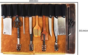 Picture of Leather Knife Roll Storage Bag, Elastic and Expandable 10 Pockets, Adjustable/Detachable Shoulder Strap, Travel-Friendly Chef Knife Case (Walnut ( Brown Lining), Leather)