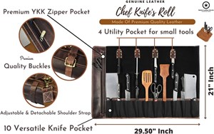 Picture of Leather Knife Roll Storage Bag, Elastic and Expandable 10 Pockets, Adjustable/Detachable Shoulder Strap, Travel-Friendly Chef Knife Case (Walnut ( Brown Lining), Leather)